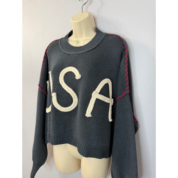 Miou Muse USA Rope Letter Sweater Blue Relax Oversized Women's L New - Picture 5 of 10